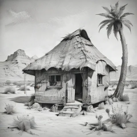 Chahamanstylepencilsketch,a Hut In A Desert — Stable Diffusion AI Prompt: chahamanstyle_pencil_sketch,a hut in a desert