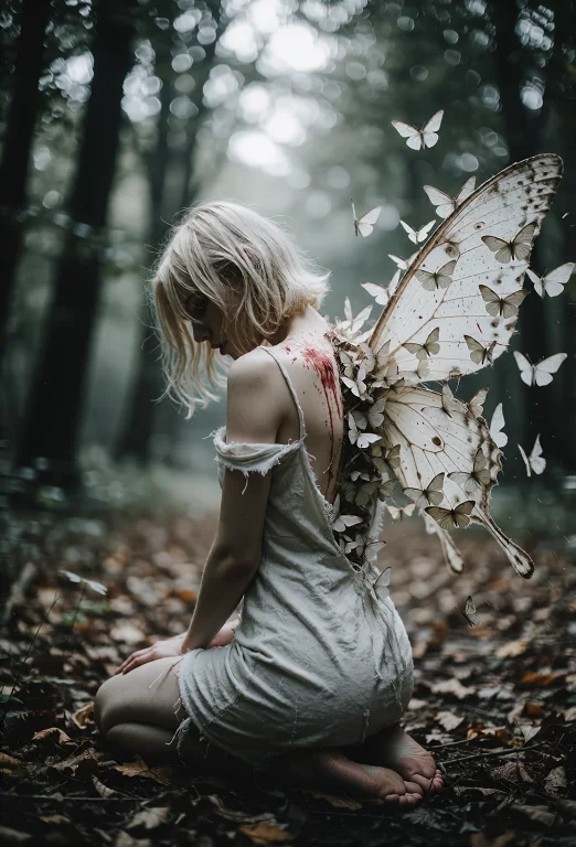 A Softly Dramatic Wide Shot Of A Young Beautiful Woman Kneel...