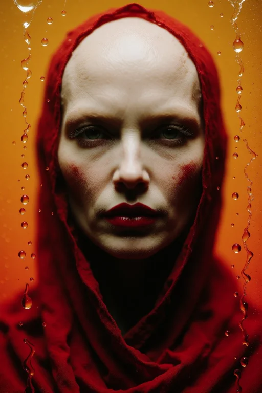 A Close-up Of A Bald Woman Wearing A Red Headscarf Depicts A...