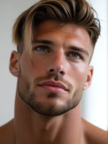 Photography Of A Handsome Muscular Guy With Styled Dark Blon... — Stable Diffusion AI Prompt: Photography of a handsome muscular guy with styled dark blonde hair swept to the...