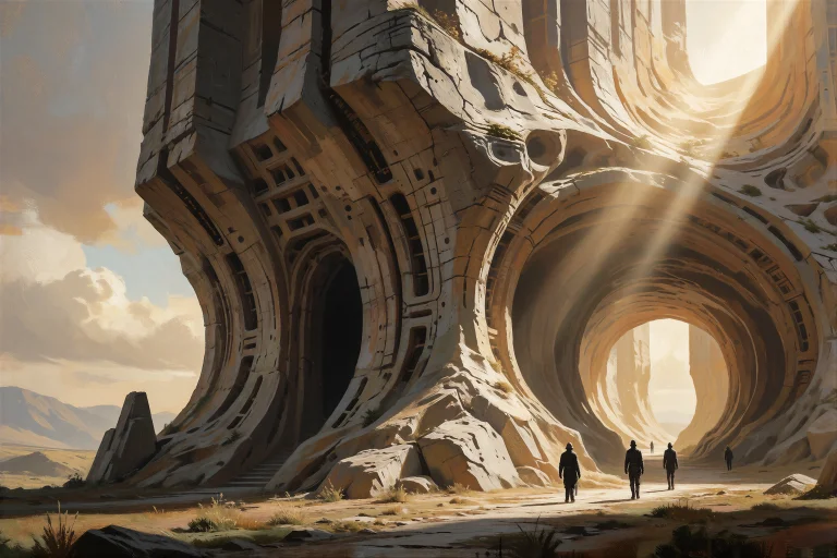 Digital Painting Of A Colossal Rock Formation Carved By Wind...
