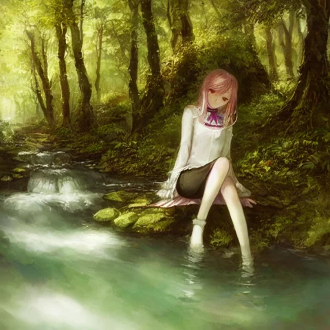 1girl, By Vima, Colorful, Forest, Stream , Sitting Knees Up... — Stable Diffusion AI Prompt: 1girl, by vima, colorful, forest, stream , sitting knees up 