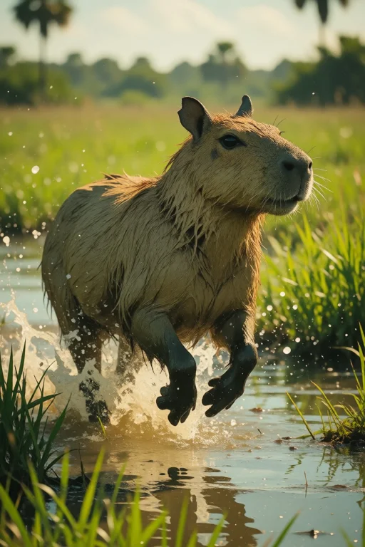 Nature, A Capybara Breaking Into A Run Through Flooded Llano...