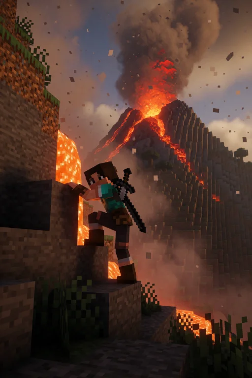 Minecraft Style. The Girl Climbing A Rocky Slope On The Side...