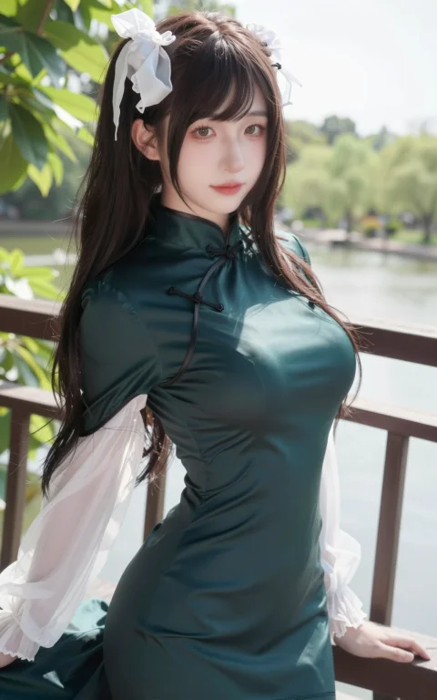 一位年轻美丽的亚洲女子，长长的深棕色头发用白色丝带扎成两个大...