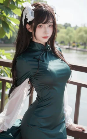 一位年轻美丽的亚洲女子，长长的深棕色头发用白色丝带扎成两个大... — Stable Diffusion AI Prompt: 一位年轻美丽的亚洲女子，长长的深棕色头发用白色丝带扎成两个大蝴蝶结，头发柔顺地披...