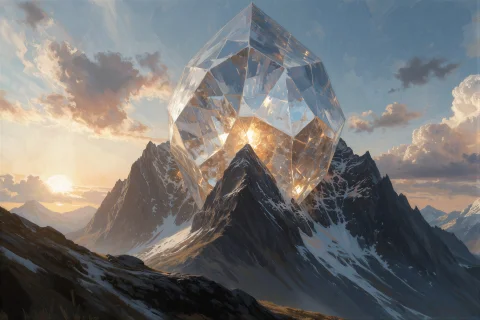 Digital Painting Of An Enormous Crystalline Mountain Formati... — Stable Diffusion AI Prompt: Digital painting of an enormous crystalline mountain formation glowing softly fr...