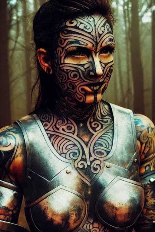 Picture Of Warrior Woman With Face And Body Tattoos , Wearin...
