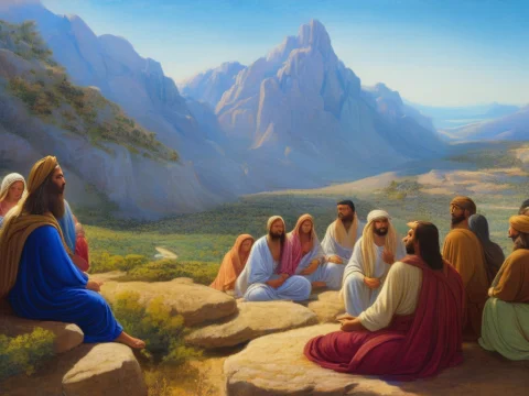 A Painting Of Jesus Sitting On A Rock With A Group Of People... — Stable Diffusion AI Prompt: a painting of jesus sitting on a rock with a group of people around him and a ma...