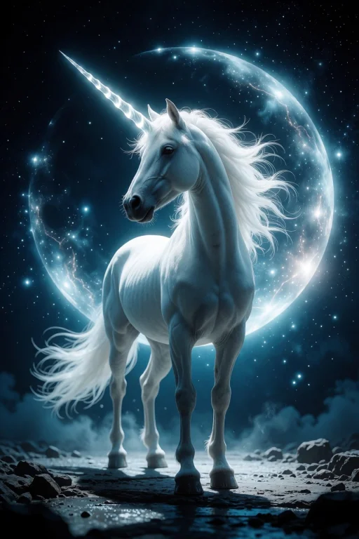 Digital Artwork Depicting A White Unicorn Standing On A Rock...