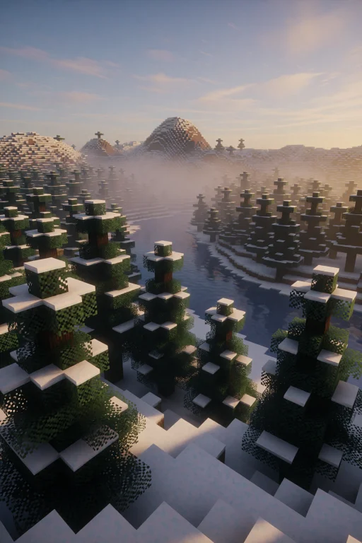 Minecraft Style. A Snowy Taiga Forest At Dawn, Blocky Spruce...