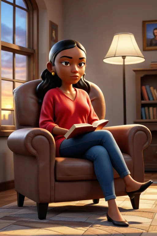 Monique, 1girl, 3d Character, Dark Skin, Sitting In A Big Ar...