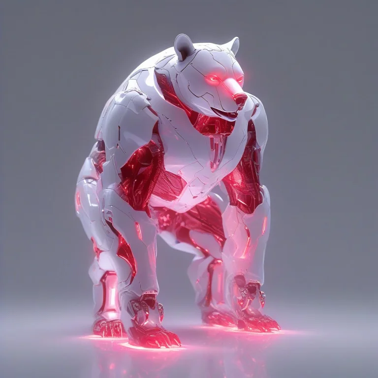 Bear In A Suit Made Of White And Whit Red Glow, Standing In...