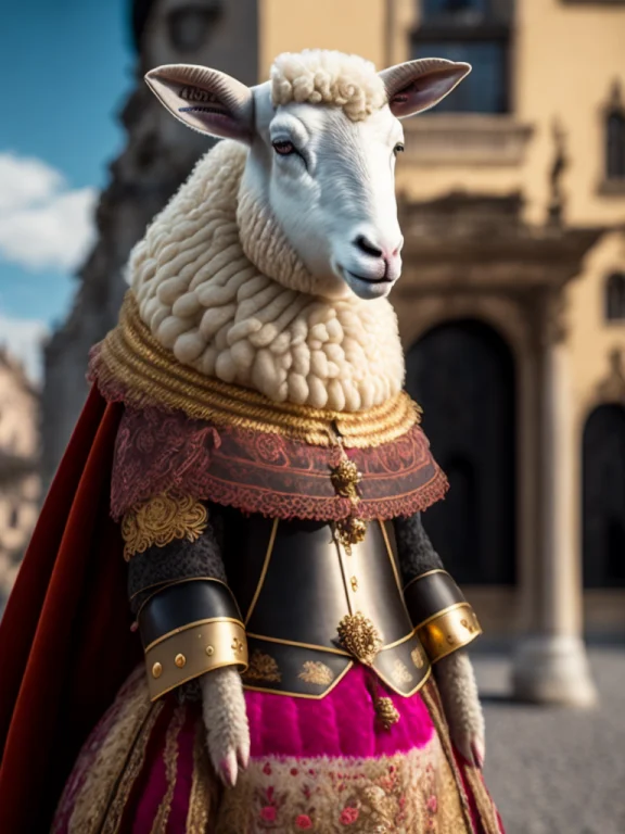 Portait Of A Sheep In Baroque Armor In Front Of Woollen Pala...