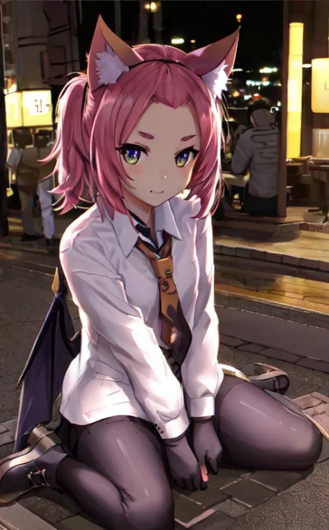 A Catgirl, Sitting On Right, Demon Wings, Full Body, Cinemat...