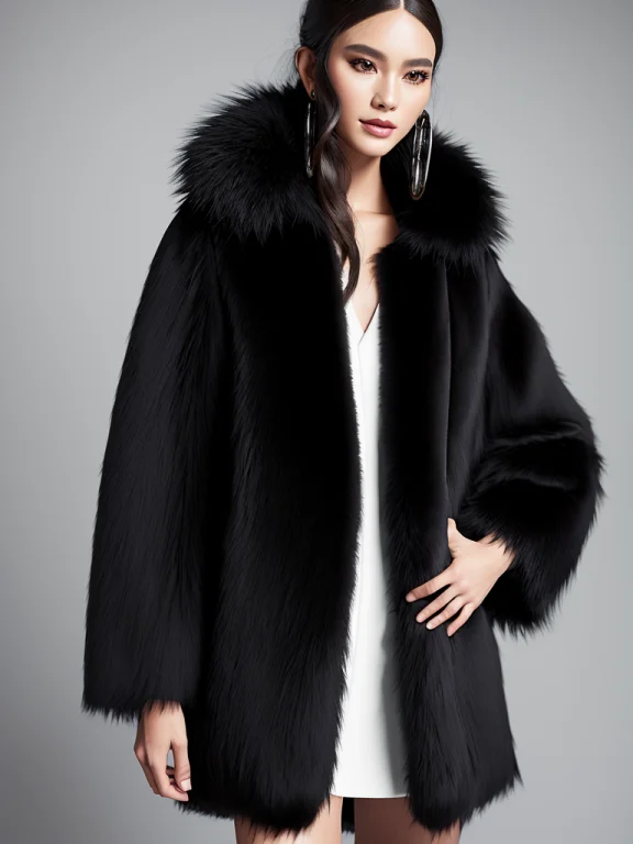 Professional Product Photo Of A Furry Long Black Jacket, Flo...