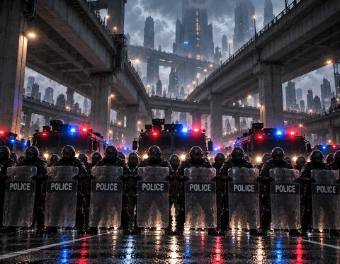 Loratraining2617621-20260926070153368-c0031 Z1os, Frontal Vi... — Stable Diffusion AI Prompt: z1os, frontal view of a large futuristic riot-police barricade on a rain-soaked...