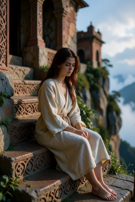 A Young Woman Sits On Carved Steps Of A Cliff Monastery Abov...
