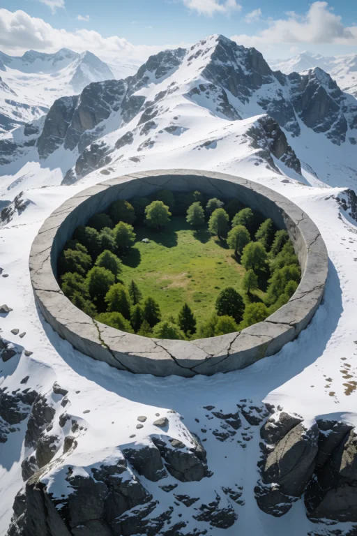 A Colossal, Perfect Circular Stone Ring Lying Flat On A Snow...