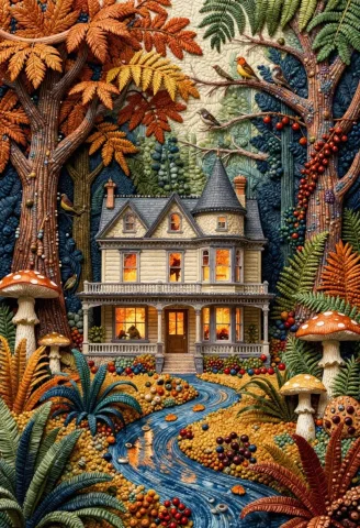 A Small Weathered Victorian House Stands At The Heart Of An... — Stable Diffusion AI Prompt: A small weathered Victorian house stands at the heart of an enchanted autumn for...