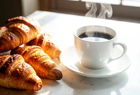 A Steaming Cup Of Coffee Beside Fresh Pastries, High Key Lig... — Stable Diffusion AI Prompt: a steaming cup of coffee beside fresh pastries, high key lighting, f1.8 aperture...