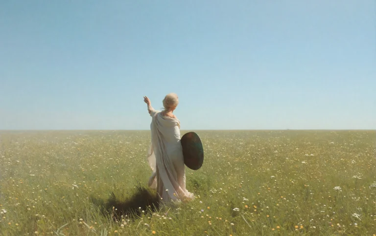 Yfg-fwshn A Woman In Draped Pale Linen Stands In An Endless...