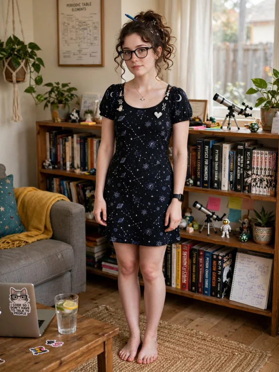 A Nerdy Woman Stand, Full Shot, In Livingroom ,barefoot,mini...
