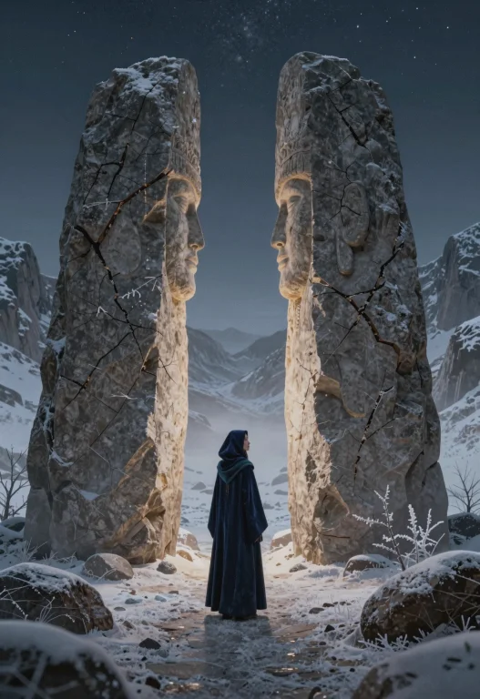 A Wide Establishing Shot That Frames Two Colossal Stone Mono...