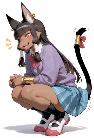 Ojktanpu, 1girl, Tail, Solo, Black Hair, Dark-skinned Female... — Stable Diffusion AI Prompt: OJKTAnpu, 1girl, tail, solo, black hair, dark-skinned female, blunt bangs, ear p...