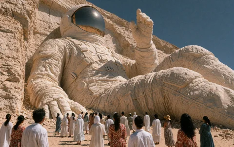 Dcc3ldyns. Photograph An Immense Astronaut Carved From Pale... — Stable Diffusion AI Prompt: / DCC3LDYN@S./ Photograph an immense astronaut carved from pale limestone/ seate...