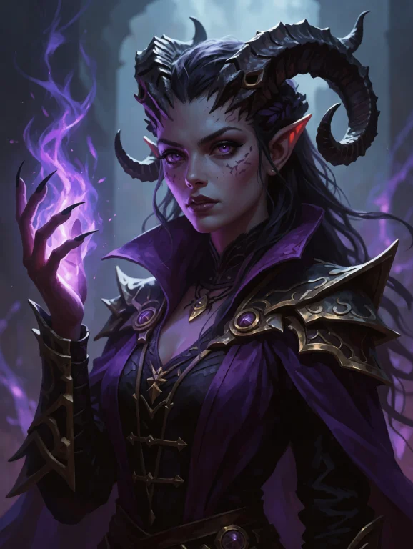 Portrait Of A Tiefling Warlock With Curling Horns, Violet Ar...