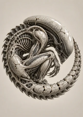 Un Portrait Format Poster Du Xnomorphe. Le Monstre Son Corp... — Stable Diffusion AI Prompt: Un portrait format poster du xénomorphe. Le monstre à son corps replié sur lui m...
