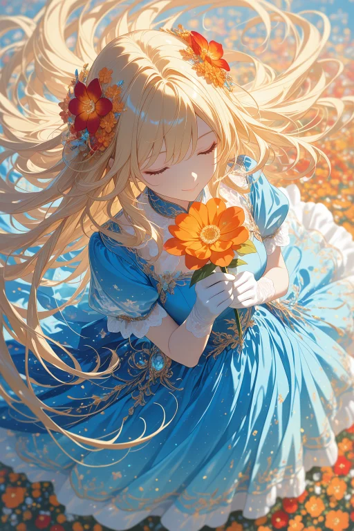 1girl, Solo, Blonde Hair, Long Hair, Closed Eyes, Flower, Gl...