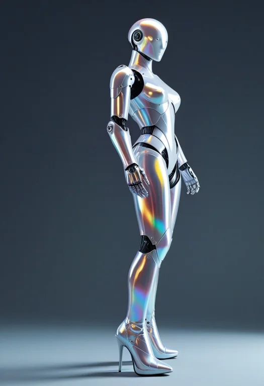 A Female Robot, Iridescent Exoskeleton Armour Clothing Made...