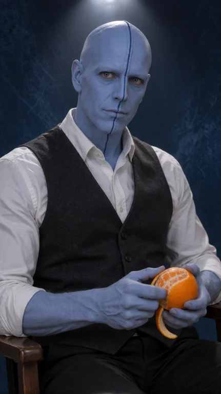 Blnml Alien Man, Chest-up, Straight-on, Seated Peeling Orang...