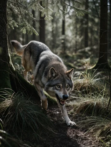 Photorealistic Live-action Cinematic Shot In A Dense, Shadow... — Stable Diffusion AI Prompt: PHOTOREALISTIC live-action cinematic shot: In a dense, shadow-dappled forest cho...