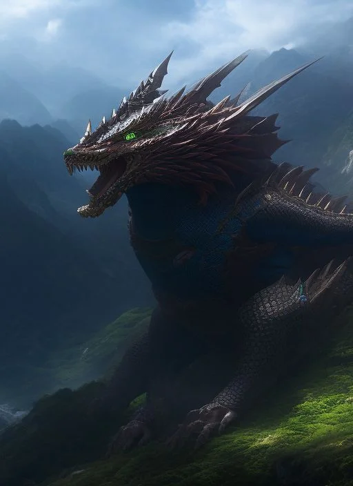 Dragon, Large Head, Green Eyes, In Sansa, Buddhist Mountain...