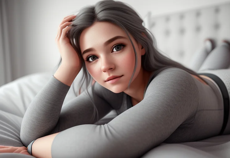 Girl Wearing Grey Leggings, Laying On Bed Cute, Innocent, Re...