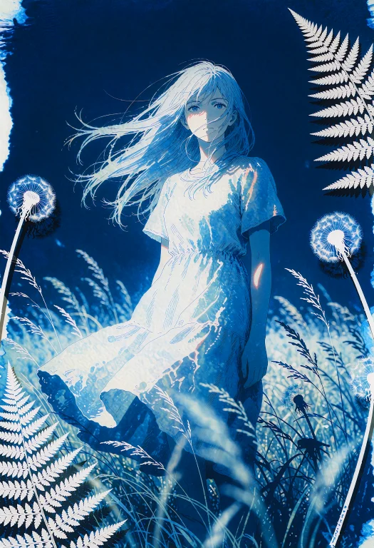 Cyanotype Sun Print Of An Anime Character, Deep Prussian Blu...
