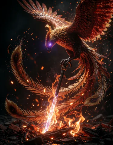 A Fusion Of Dark Embers And A Rod With A Phoenix. The Phoeni... — Stable Diffusion AI Prompt: A fusion of dark embers and a rod with a phoenix. the phoenix circles the rod as...