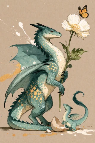 Midjourney A Watercolor And Ink Illustration Of Two Light Te... — Stable Diffusion AI Prompt: midjourney a watercolor and ink illustration of two light teal dragons on a tan...