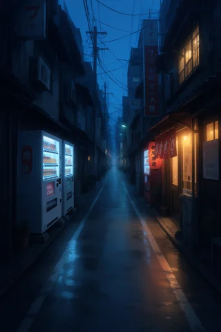 An Anime Background Painting Of A Narrow Side Street In A Ja... — Stable Diffusion AI Prompt: An anime background painting of a narrow side street in a Japanese city on a rai...
