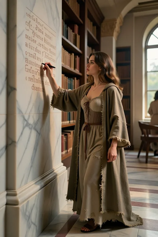 A Young Woman Traces Runes On A Wall Inside A Sunken Marble...
