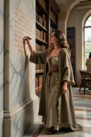 A Young Woman Traces Runes On A Wall Inside A Sunken Marble... — Stable Diffusion AI Prompt: A young woman traces runes on a wall inside a sunken marble library, wearing a t...