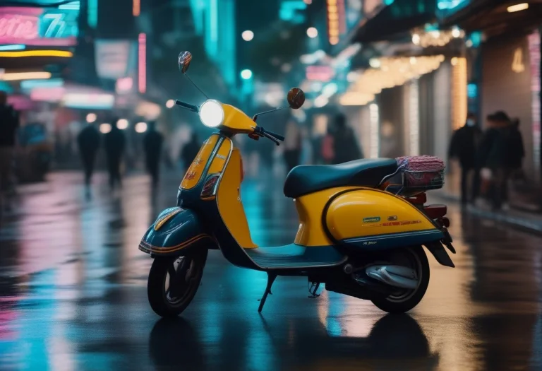 A Delivery Scooter Weaving Through Neon Streets, Overcast Li...