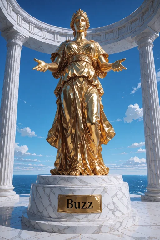 An Image Of A Golden Goddess Statue In Flowing Greek Robes,...