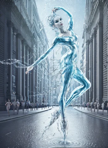 Hypernetwaterelemental101, Water Elemental Ballet Dancer Sta... — Stable Diffusion AI Prompt: , water elemental ballet dancer standing middle of the street, perfect beautiful...