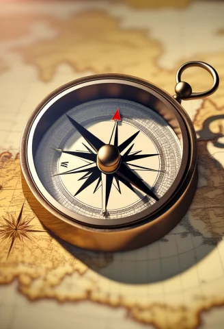 A Vintage Compass Resting On A Yellowed Map, Voxel Art, 8k T... — SDXL AI Prompt: a vintage compass resting on a yellowed map, voxel art, 8k textures, dappled sun...