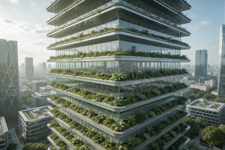 A Massive Vertical Farm Tower Rises Above A Futuristic City...