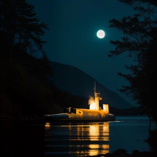 A Submarine Surfacing In A Moonlit Bay, Documentary Photogra...